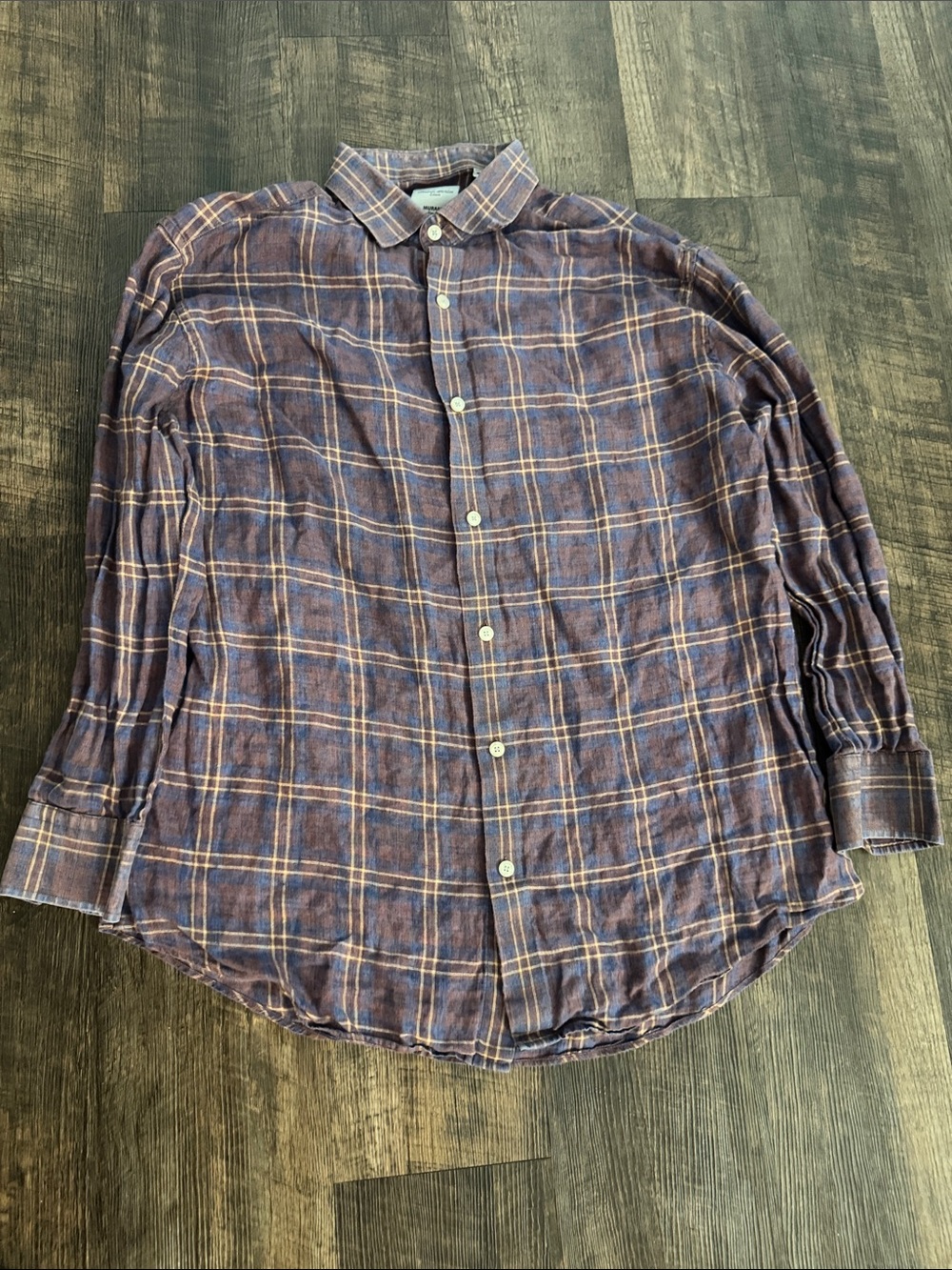 Murano Baird McNutt Shirt Men's L Brown Plaid Irish Linen Slim Fit Button Up